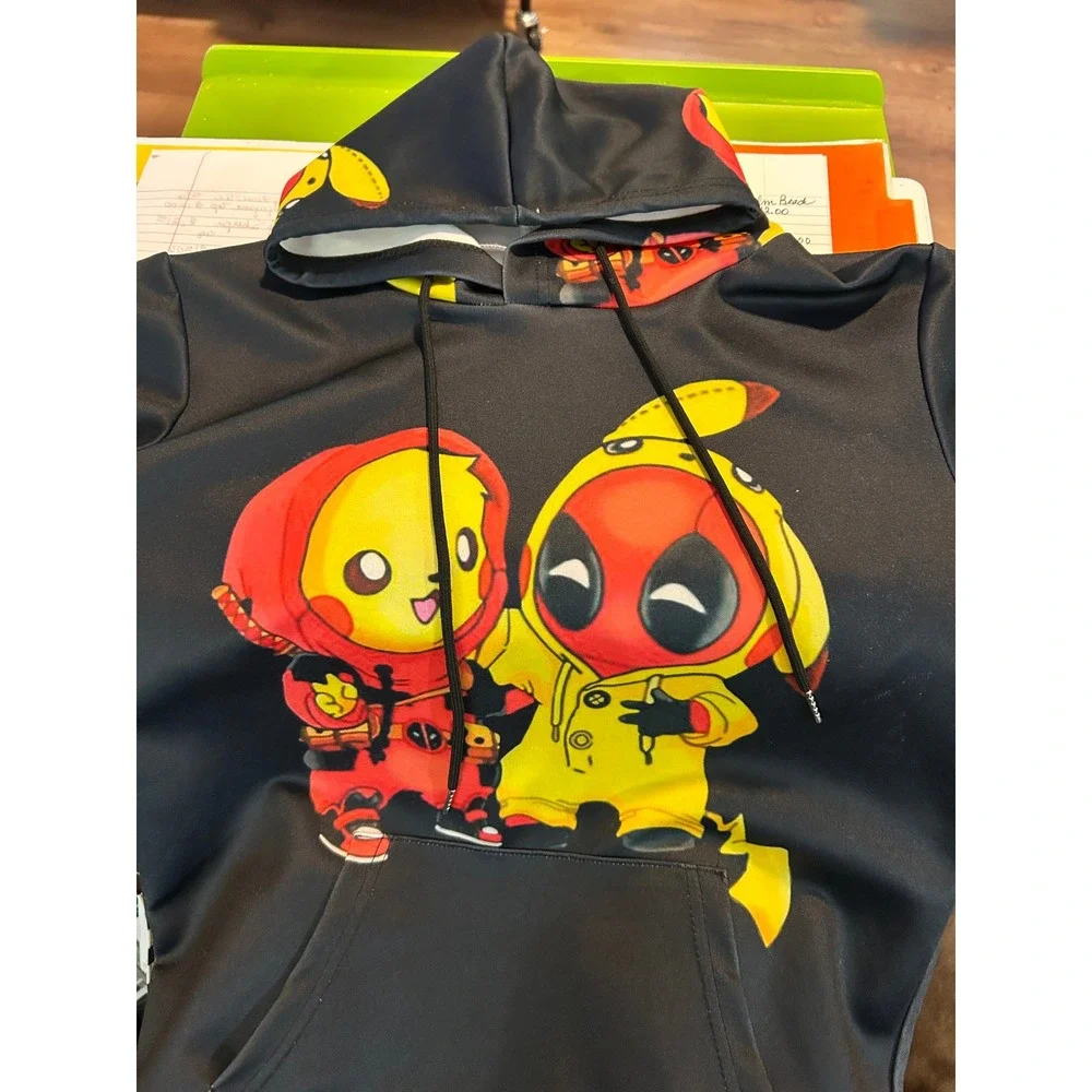 Pikachu Deadpool‎ Mashup Kids Hoodie Black Graphic Pullover Sweatshirt youth med